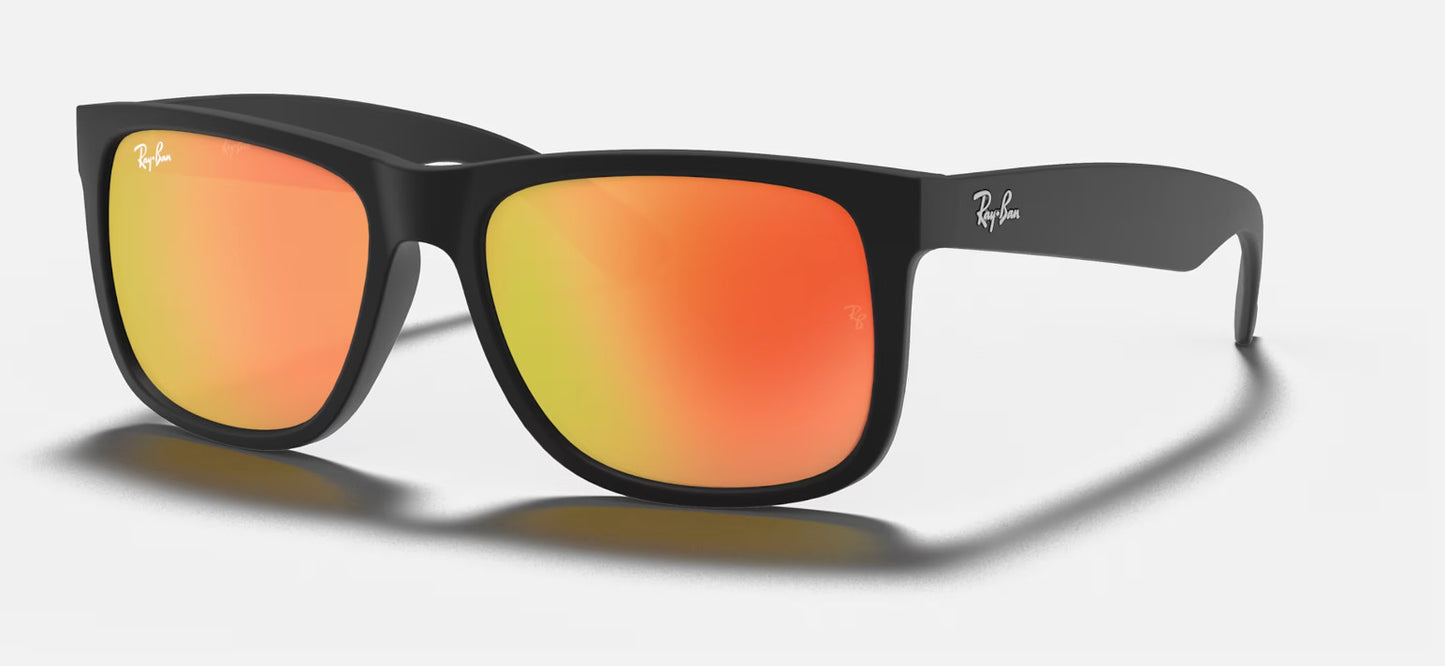 RAY-BAN JUSTIN SUNGLASSES RUBBER BLACK w/ BRN MIR ORNG