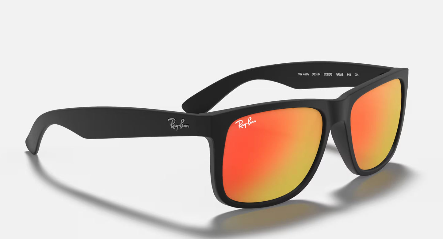 RAY-BAN JUSTIN SUNGLASSES RUBBER BLACK w/ BRN MIR ORNG