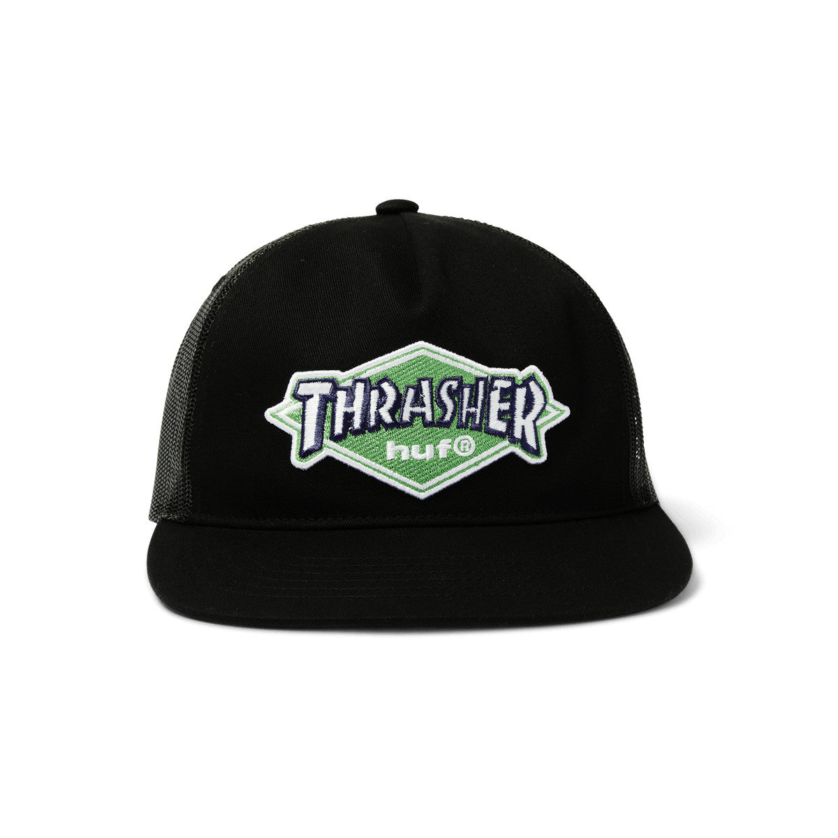 HUF X THRASHER MENS LOGO TWILL TRUCKER HAT HO25 BLACK