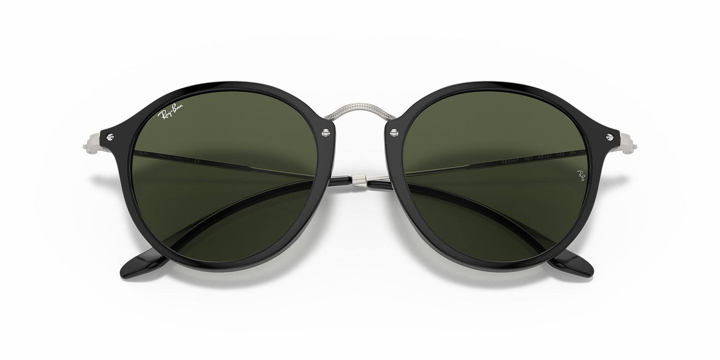 RAY-BAN ROUND FLECK SUNGLASSES GLOSS BLACK w/ GRN CLASSIC