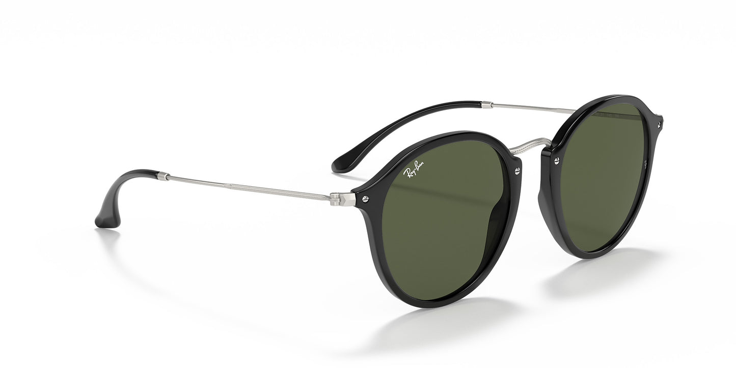 RAY-BAN ROUND FLECK SUNGLASSES GLOSS BLACK w/ GRN CLASSIC