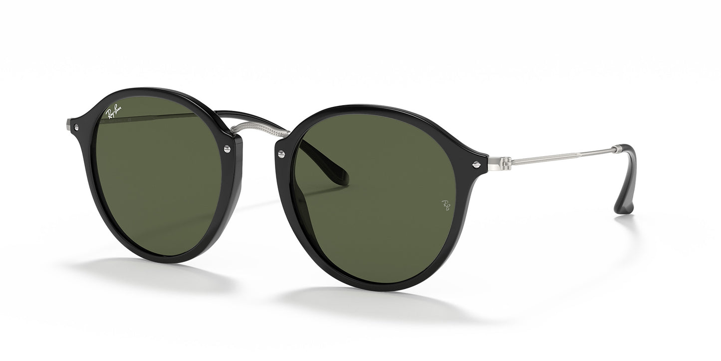 RAY-BAN ROUND FLECK SUNGLASSES GLOSS BLACK w/ GRN CLASSIC